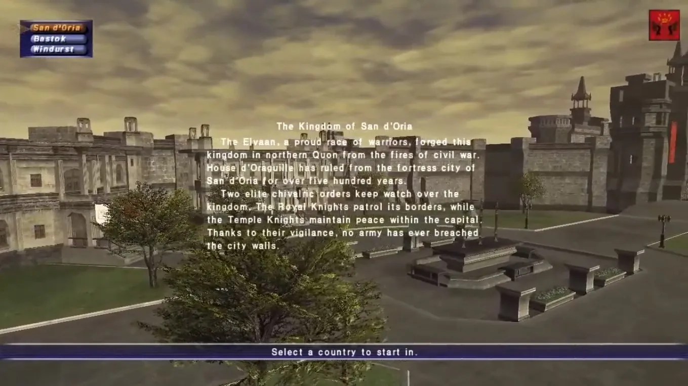 Final Fantasy 11 - Character creation menu where player must choose which nation to start in.