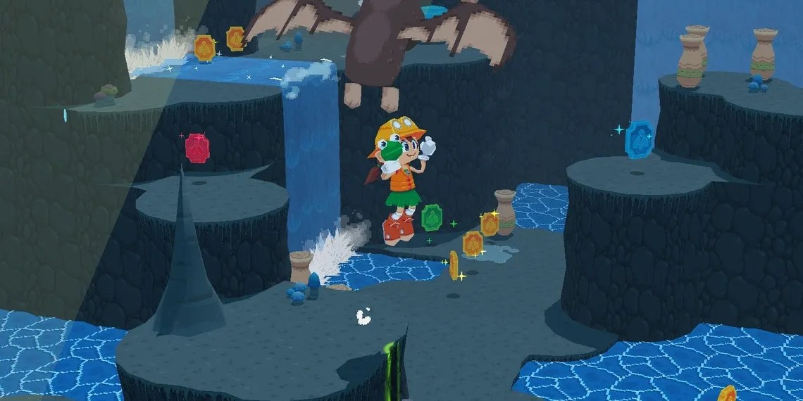 Frogun protagonist collecting coins in a cave.