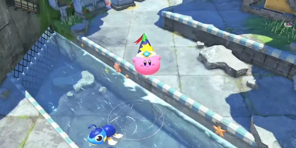 Kirby bouncing by some water in The Forgotten Land
