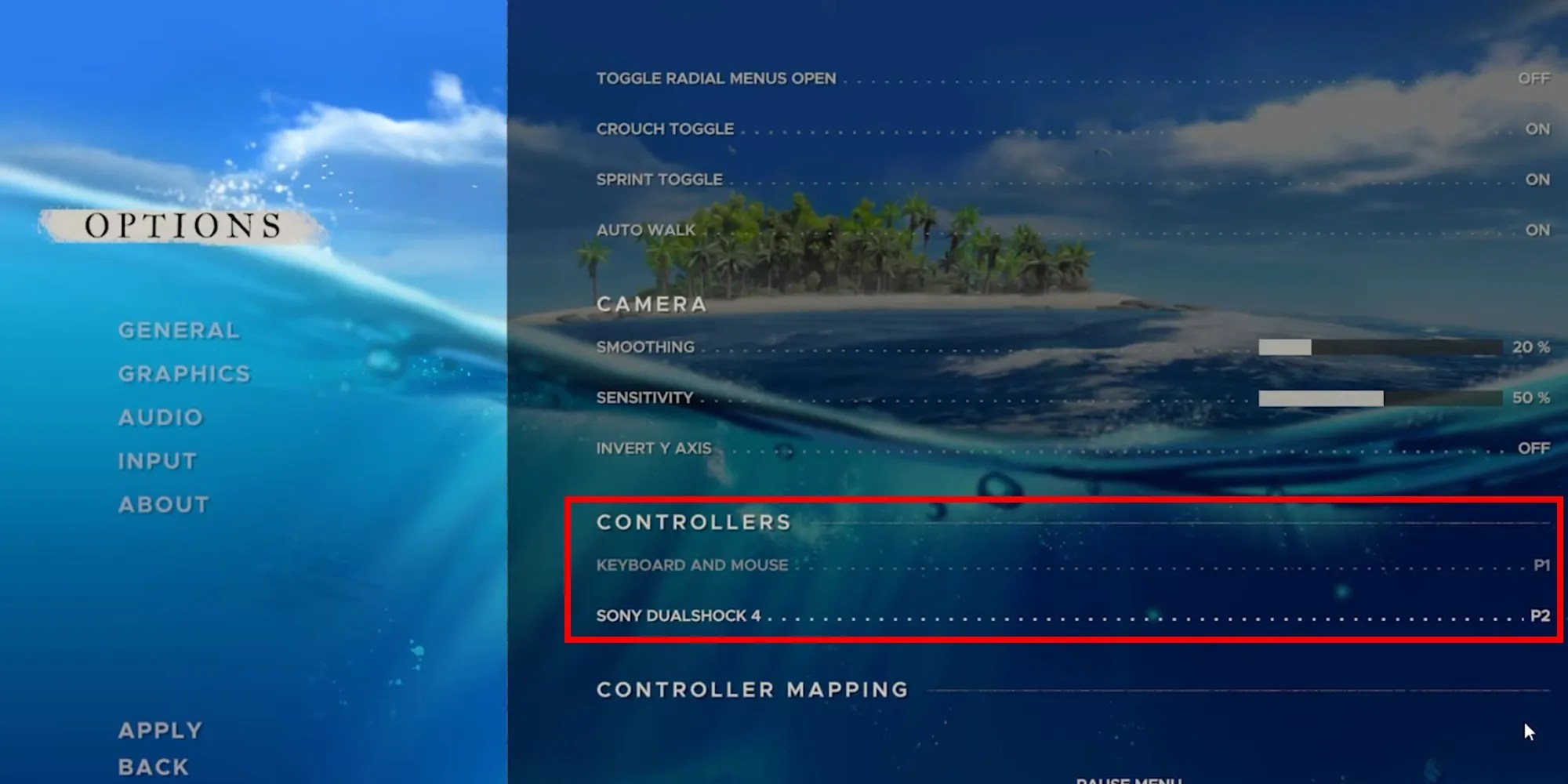 Stranded Deep Controller Settings Menu