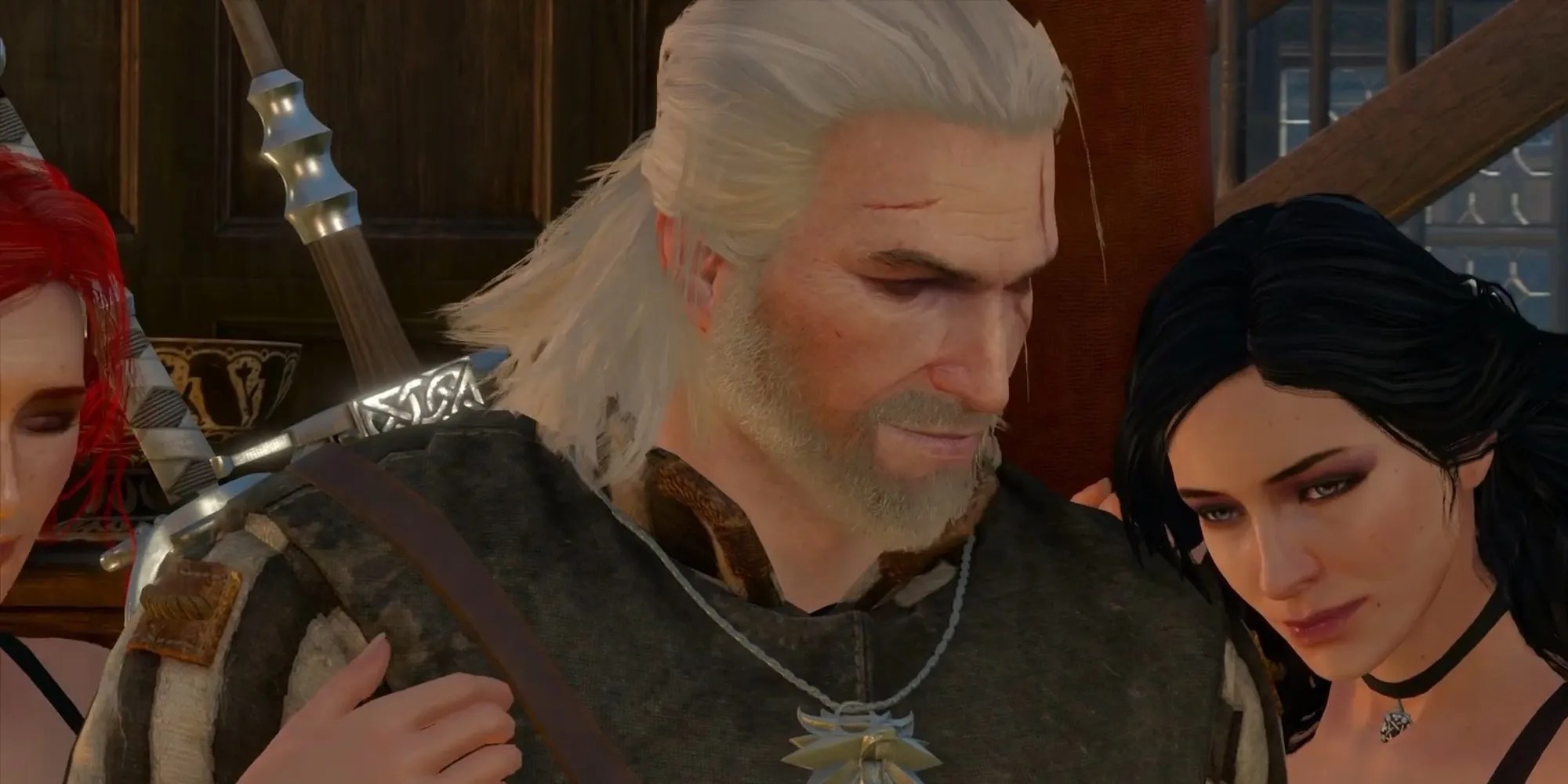 Witcher 3 Yennifer and triss holding onto geralt and smiling