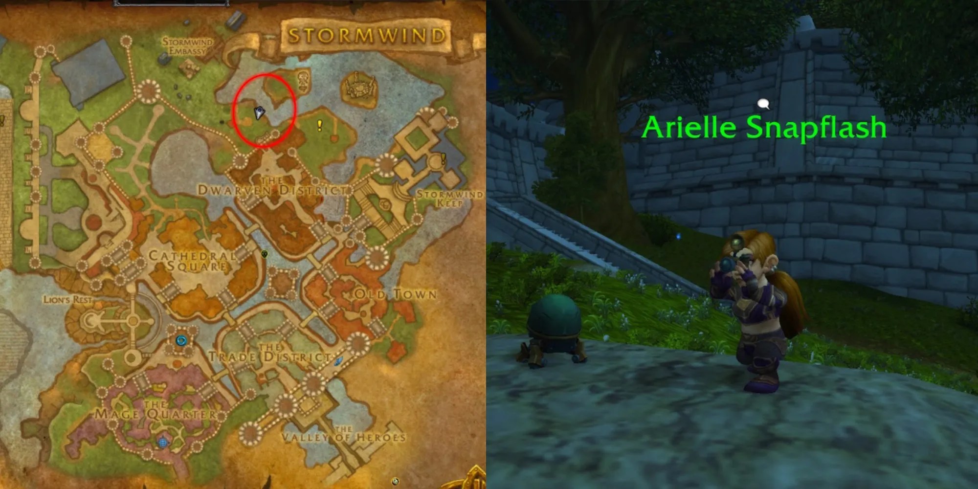 A Split Image Of A Map Of Stormwind And A Female Gnome Photographer
