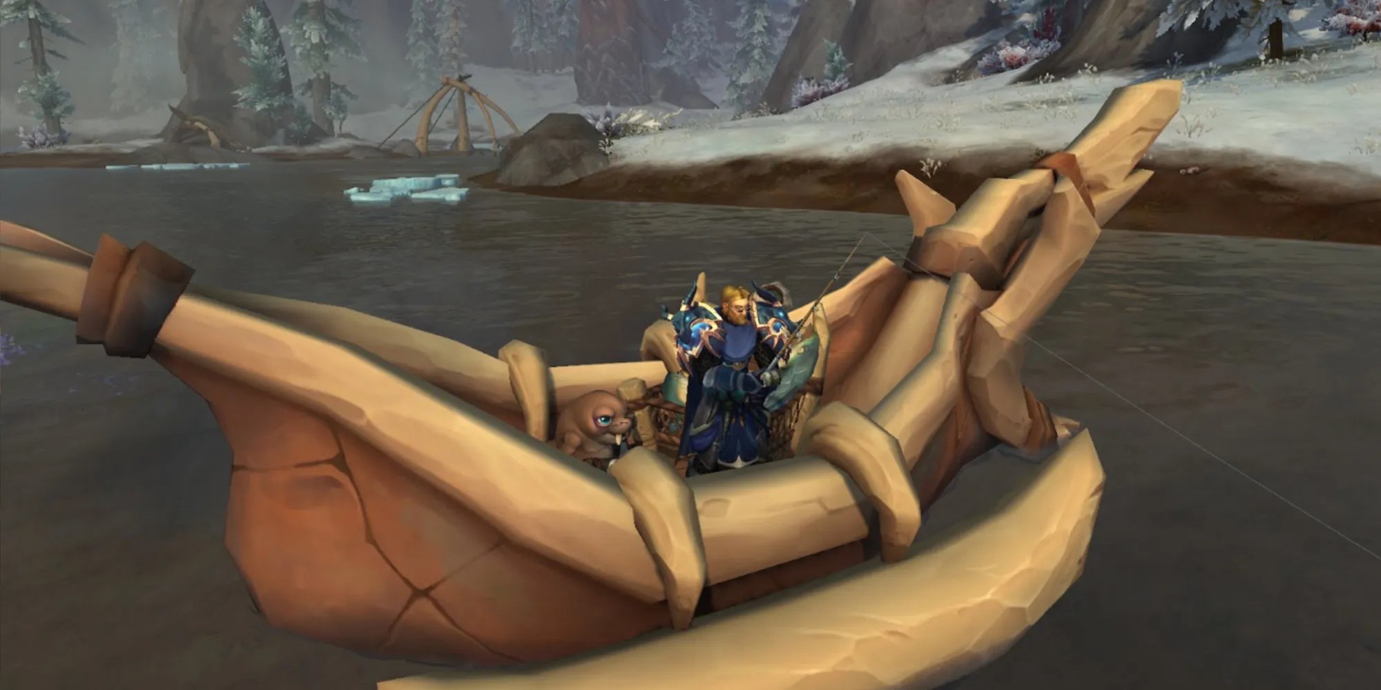 A Male Human and Young Tuskarr Using a Tuskarr Dinghy