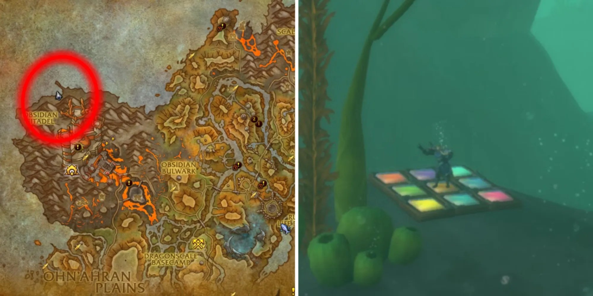 Split Image of a Player Using The Underwater Dance Mat and The Map Location