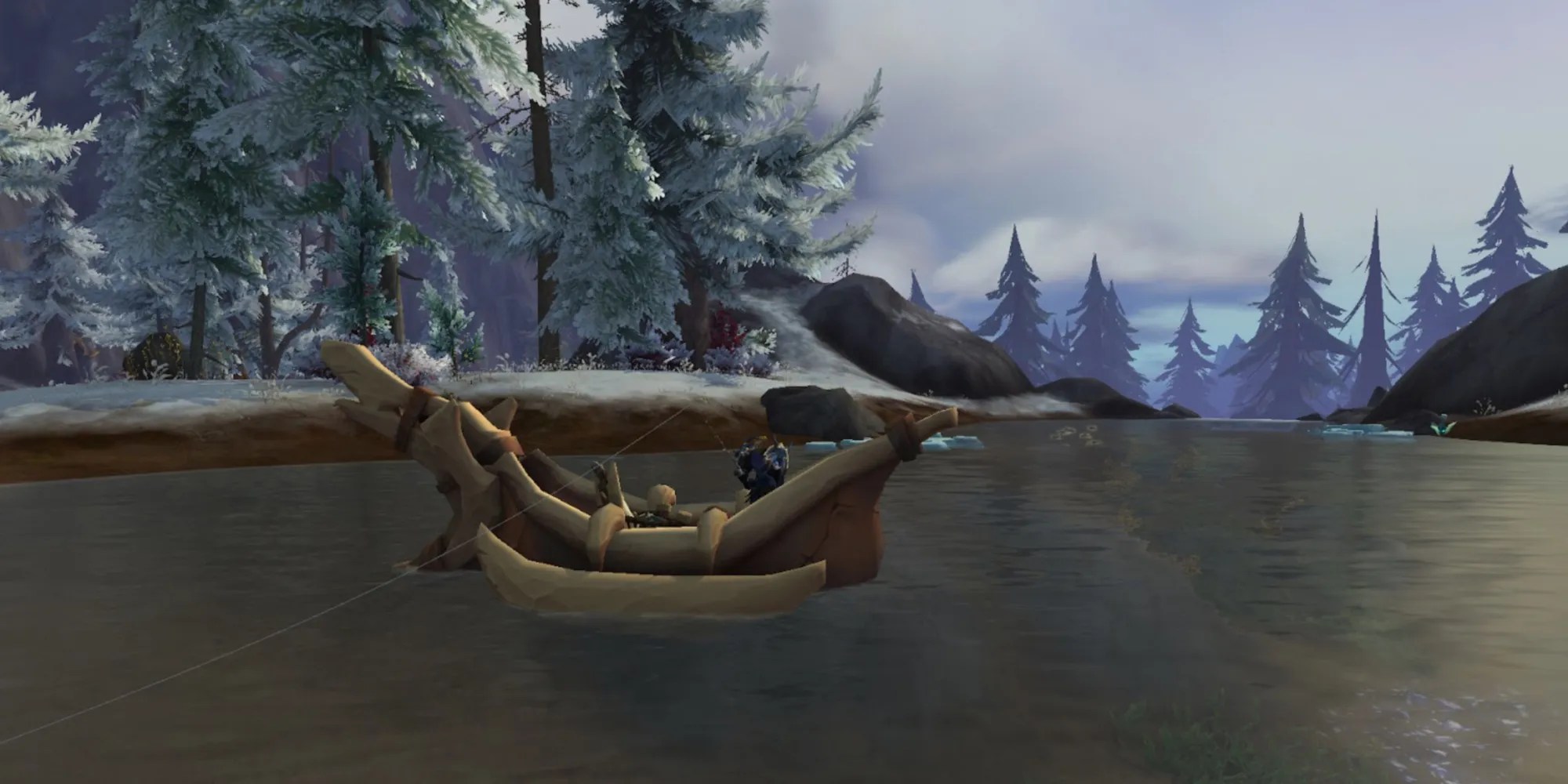 A Human Fishing From a Tuskarr Dinghy
