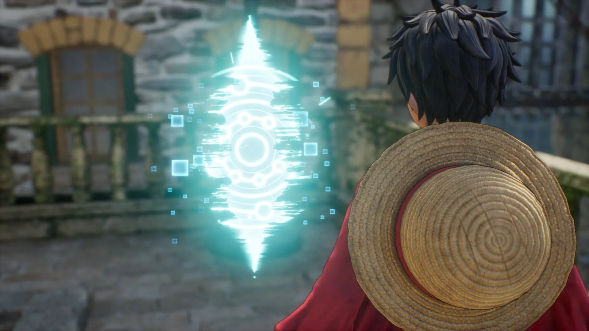 Luffy looking at light blue frayed memory portal