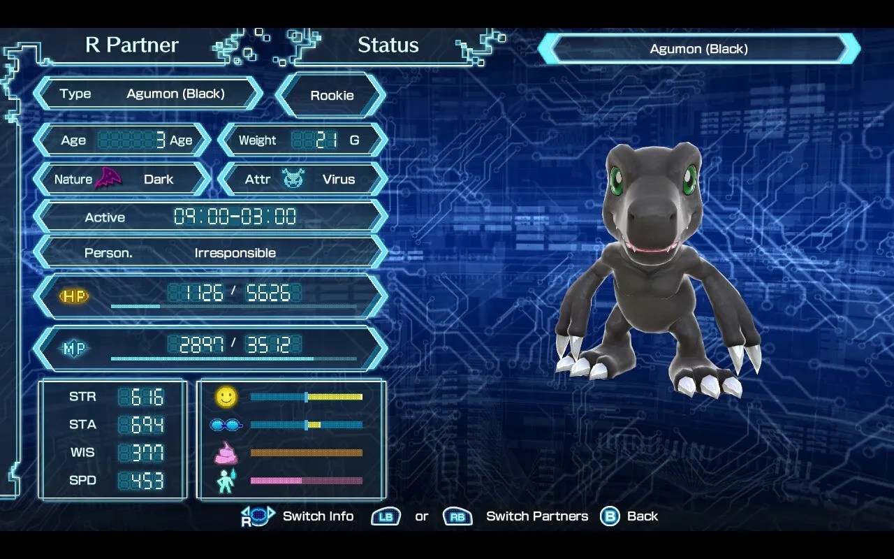 Digimon World: Next Order partner screen showing relationship progress bars