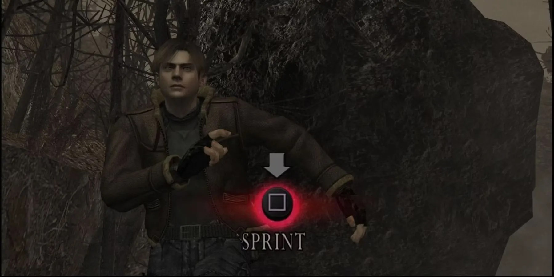 Resident Evil 4 Leon running in the dark woods outside the village with a square button prompt for sprinting
