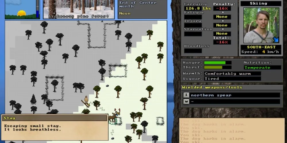 A map in UnReal World showing the player surrounded by silhouettes of trees with a side menu showing the player&rsquo;s portrait and stats.