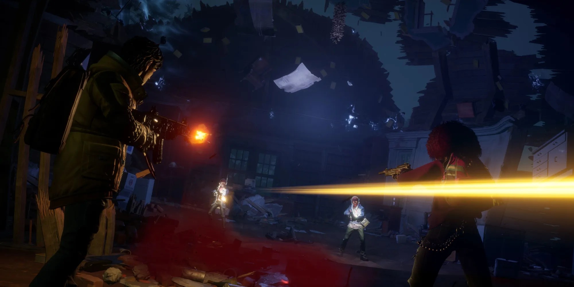 redfall screenshot of two characters in gunfight with two cultists