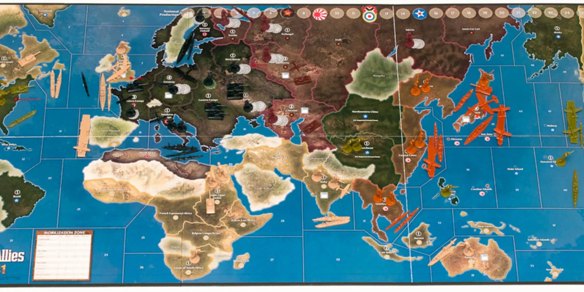 The Axis &amp; Allies map with units spread across it.