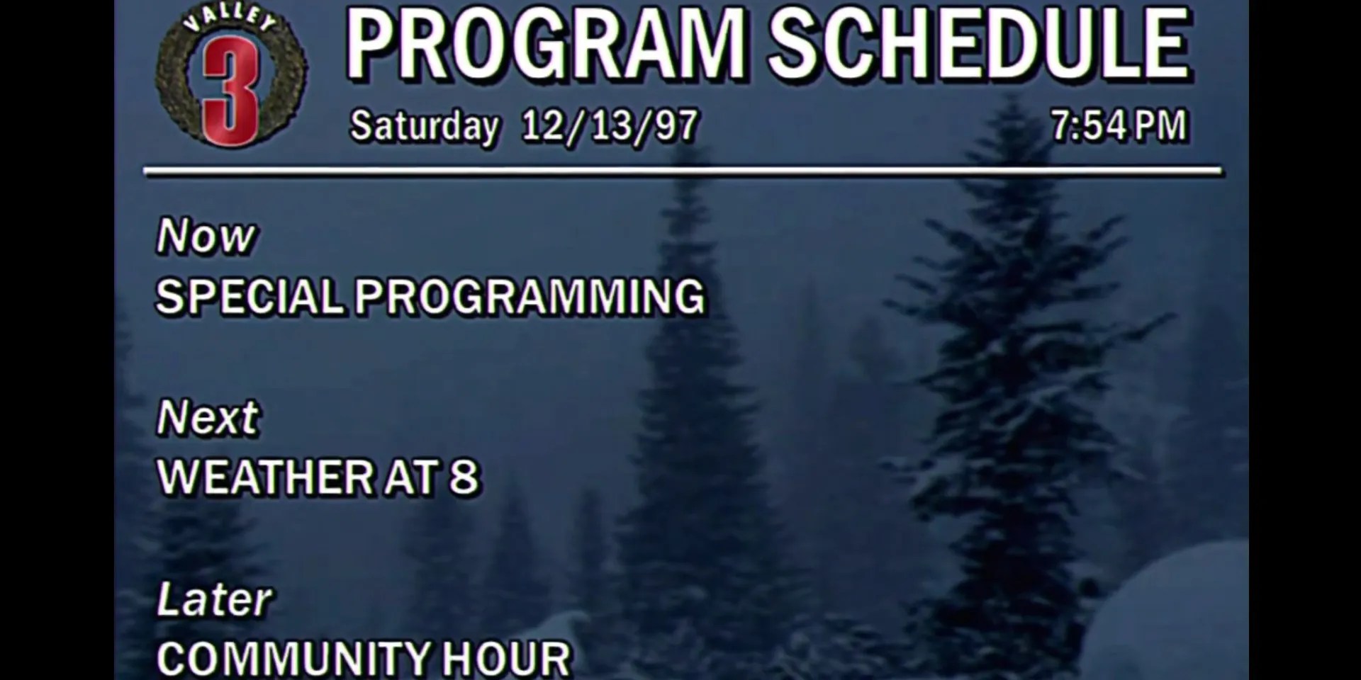 A program schedule overlaid on a snowy forest from the New Comstock Community Choice episode of The Minerva Alliance. from the New Comstock Community Choice episode of The Minerva Alliance