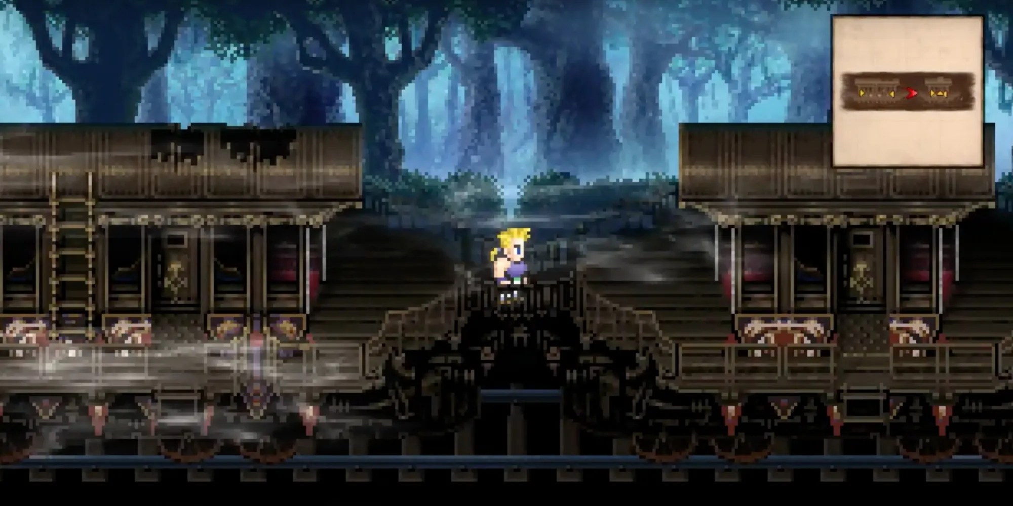 Cyan Standing Between Two Cars of the Phantom Train from FFVI