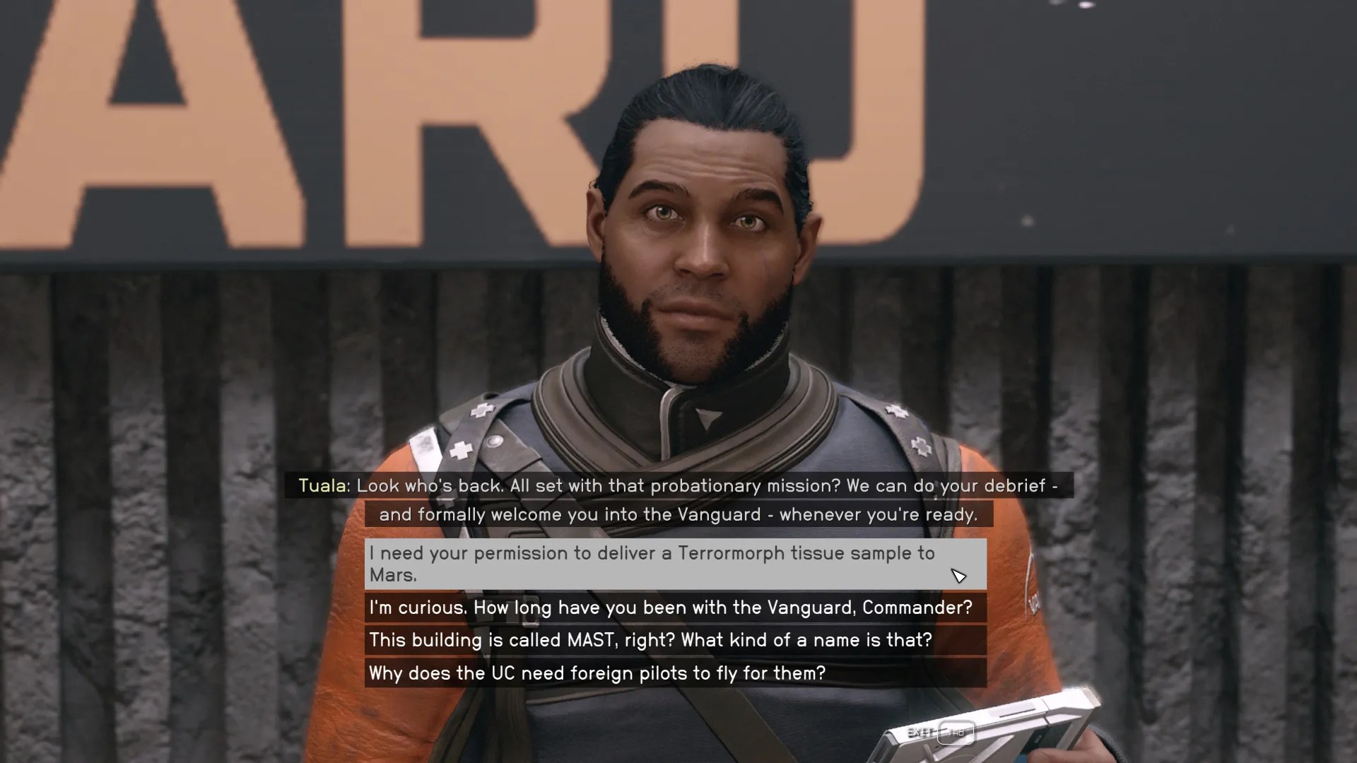 Getting permission from Tuala for the sample in Starfield