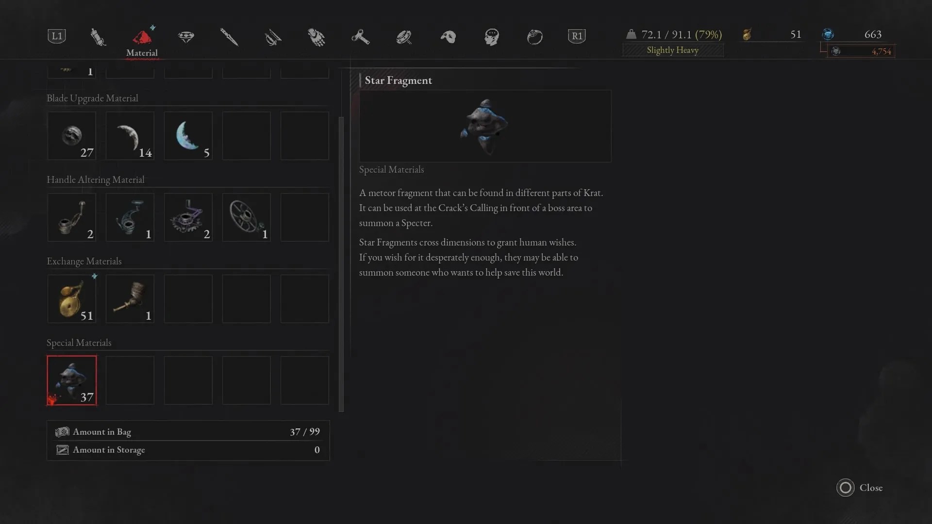 Memu showing the Star Fragment item Lies of P