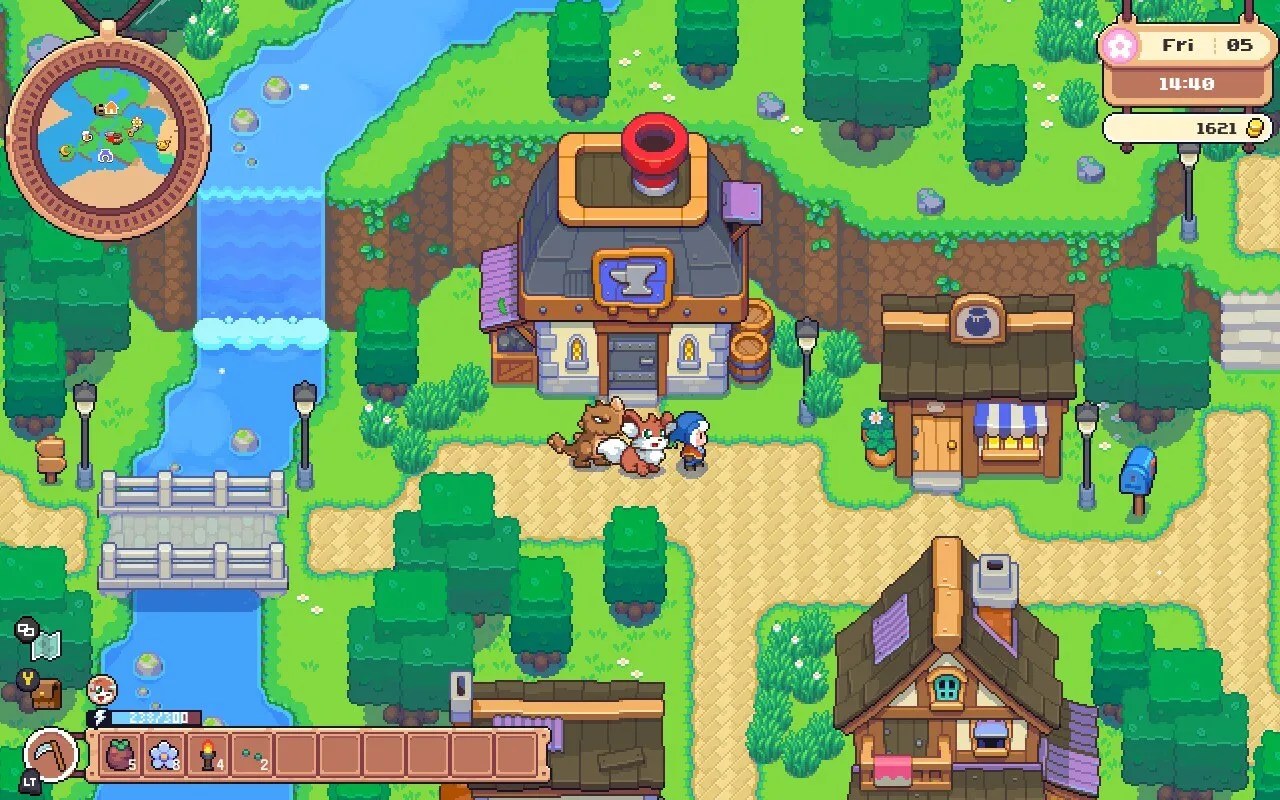 The character and three spirits standing in front of the blacksmith building.