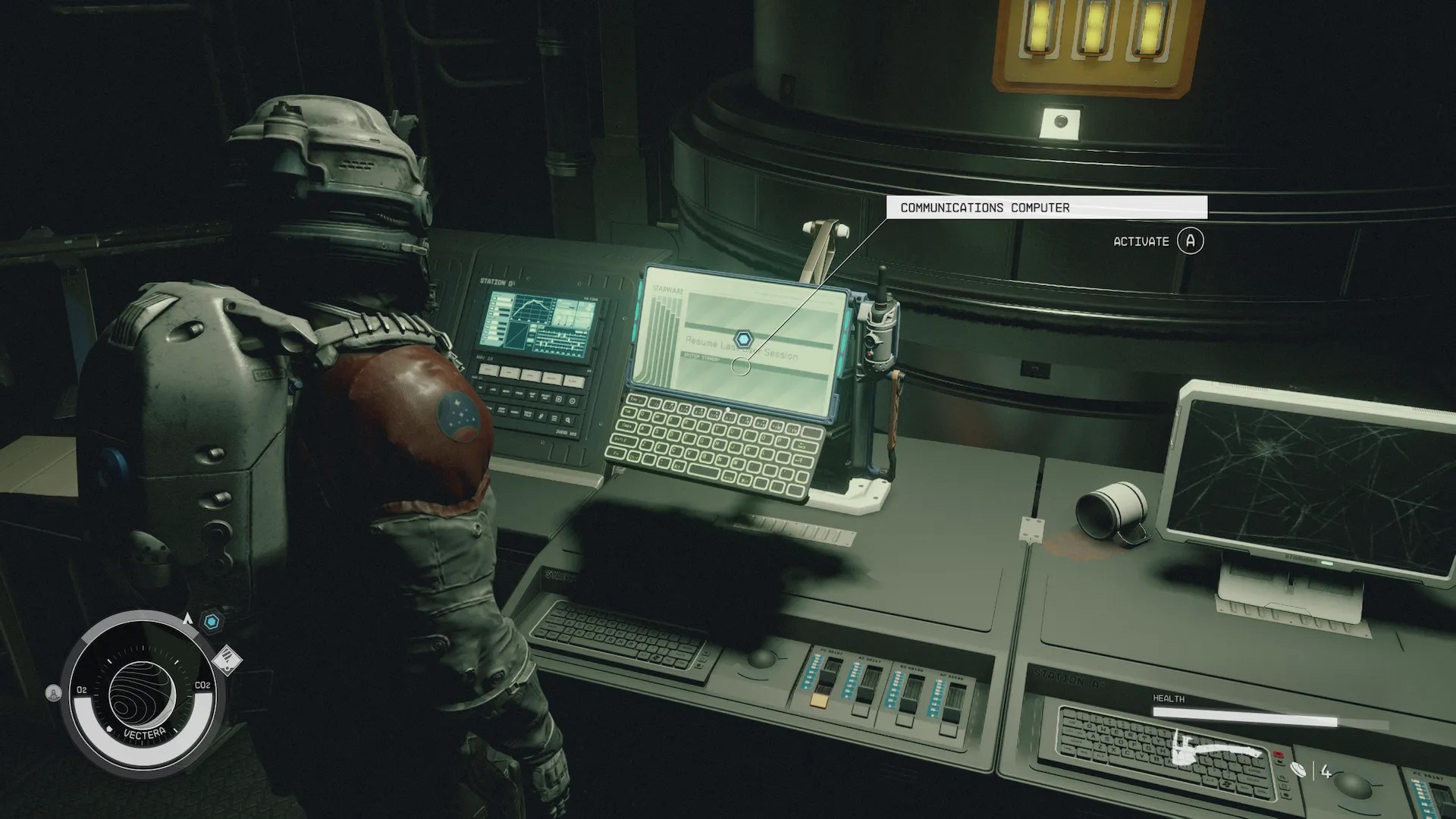 A technologic desk, with a communications computer raised up but broken.