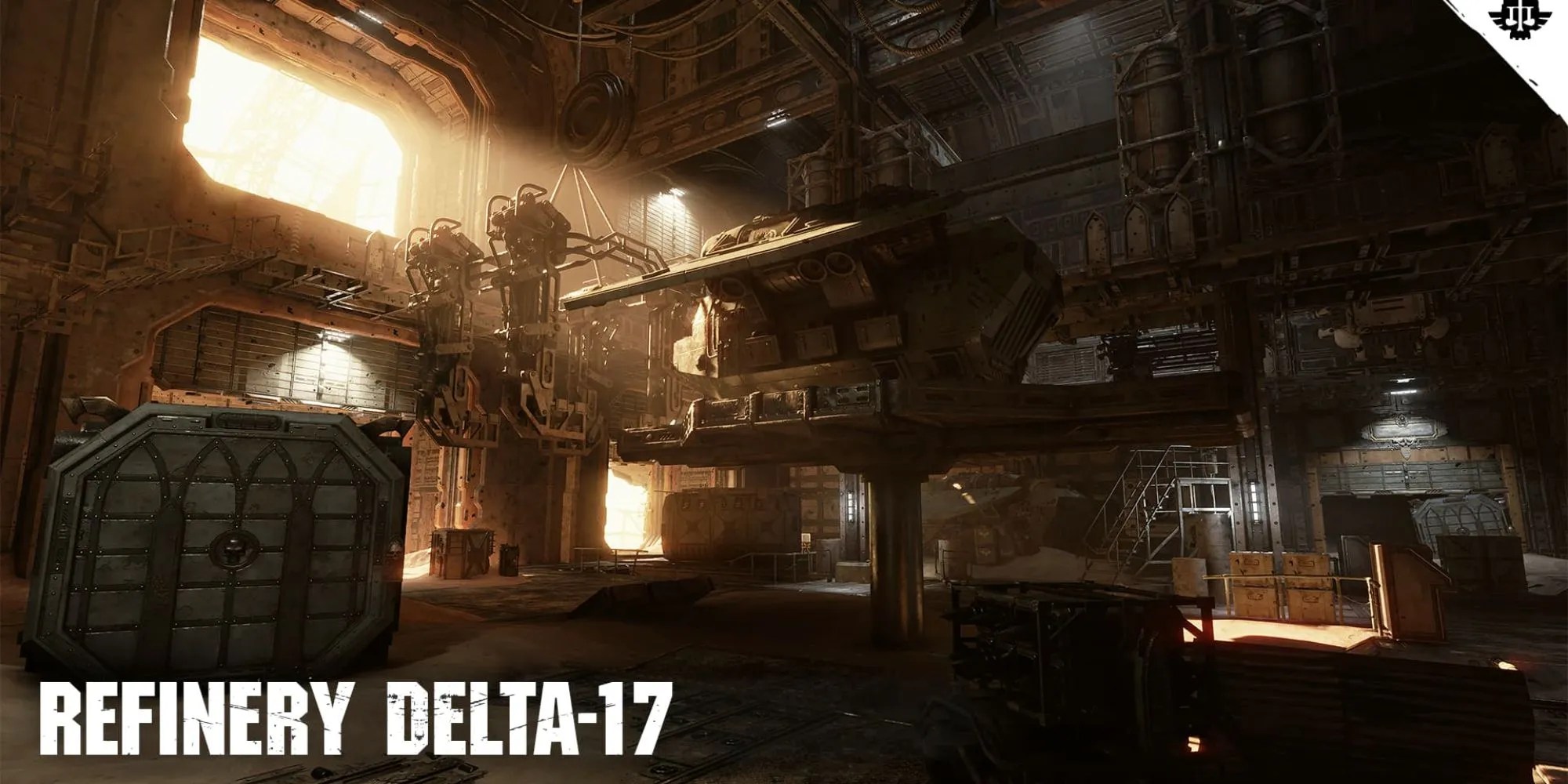 darktide refinery map image showing ship in hanger being repaired