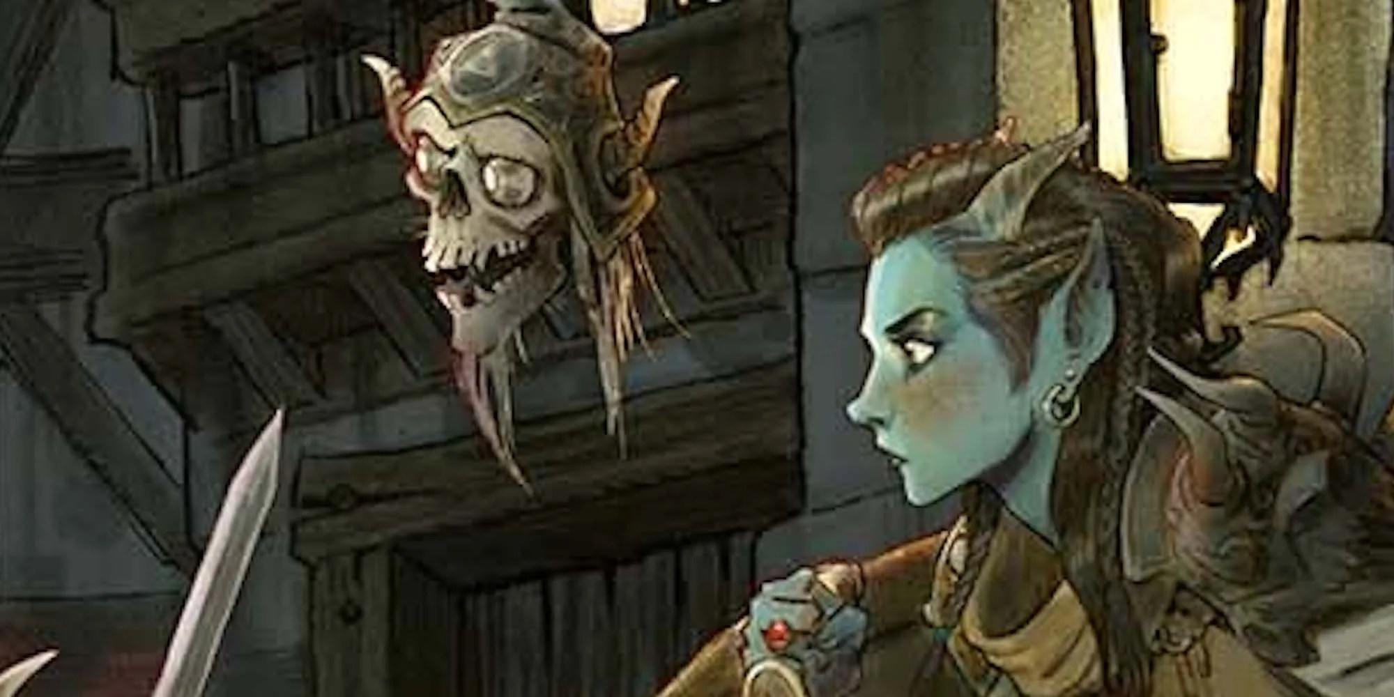 A blue tiefling woman looks past a floating skull from Planescape