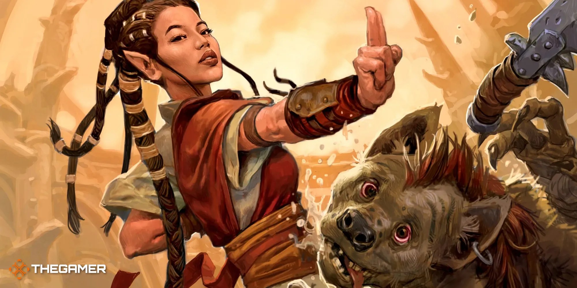 A monk knocks out a gnoll with an open palm in DnD art.