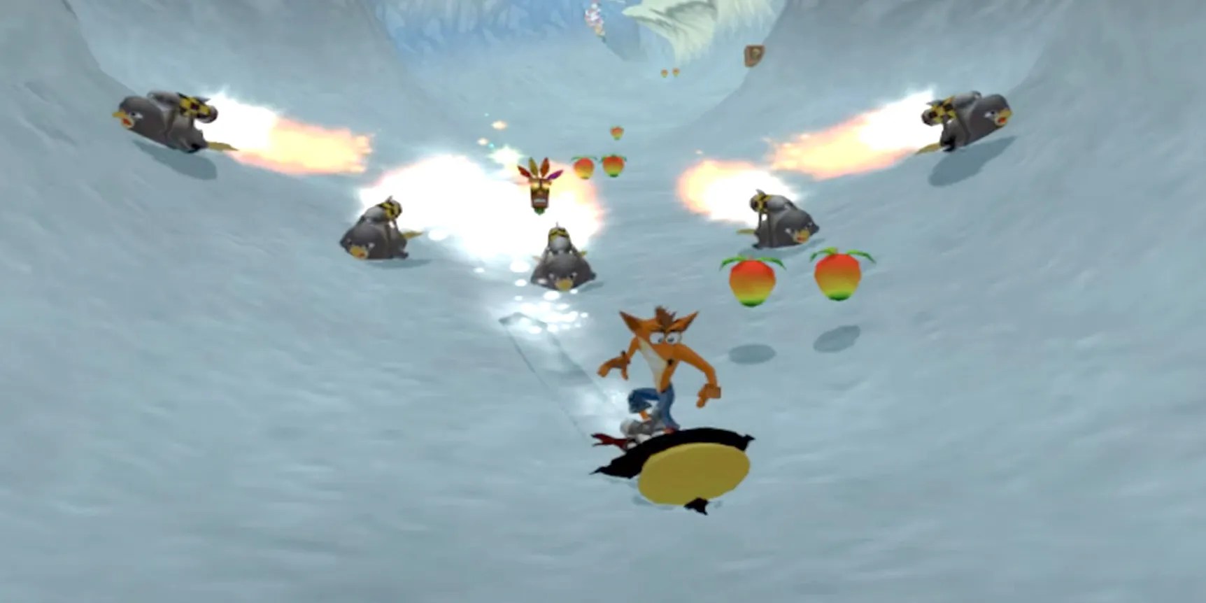 Crash Twinsanity - Crash using Cortex as a snowboard while escaping a hoard of penguins