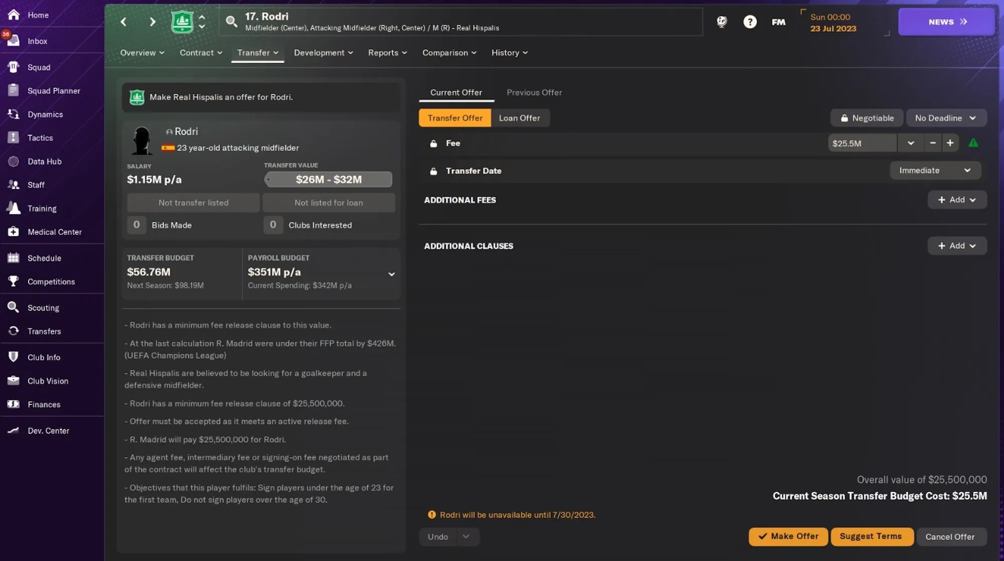 Transfer offer screen for Rodri in Football Manager 2024