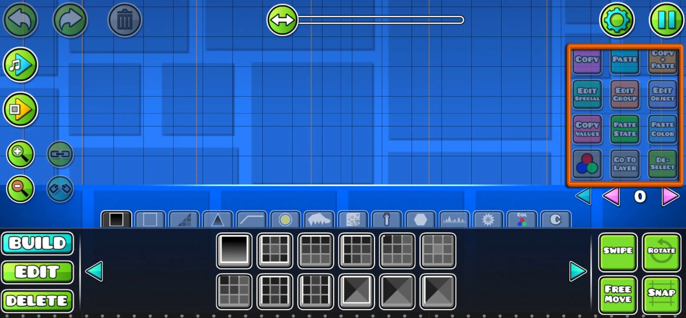 right section of buttons in Geometry Dash level editor.