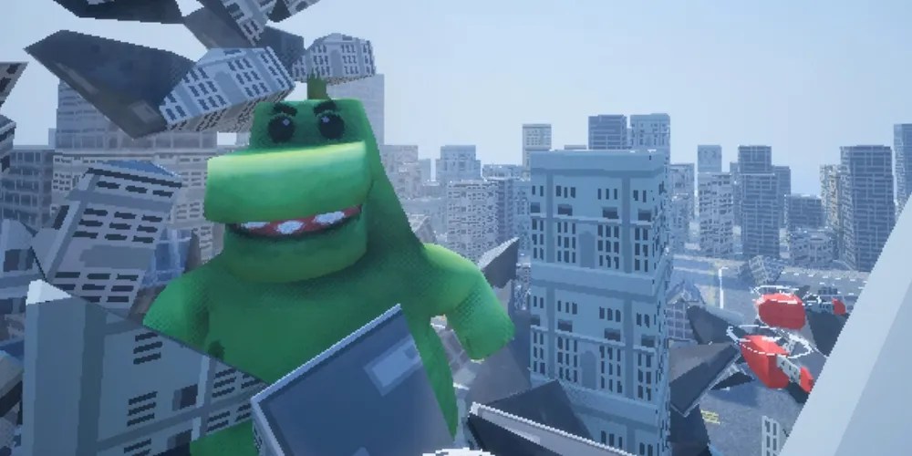 Yet Another Godzilla Game, Godzilla crashing through some bulildings and looking extra goofy