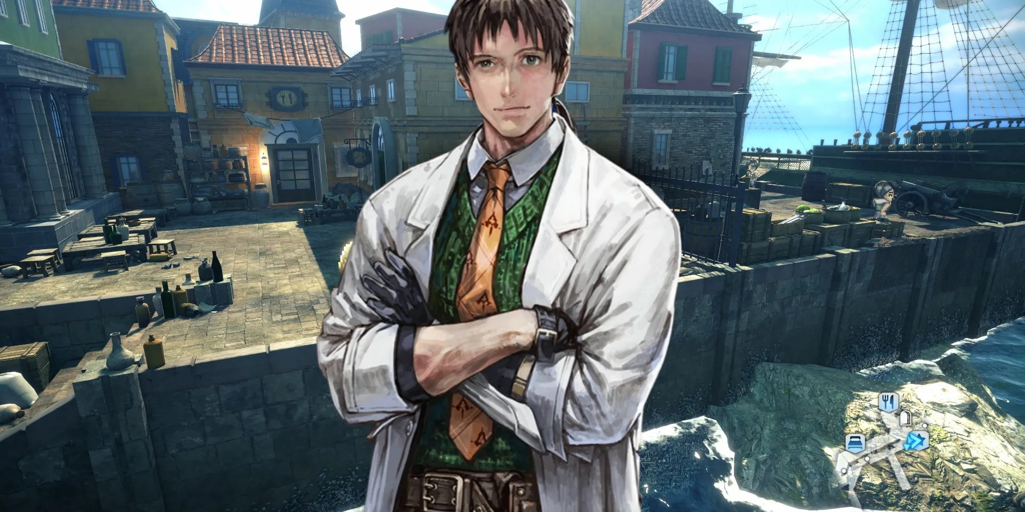 A hand drawn portrait of Bowman against the backdrop of a pier