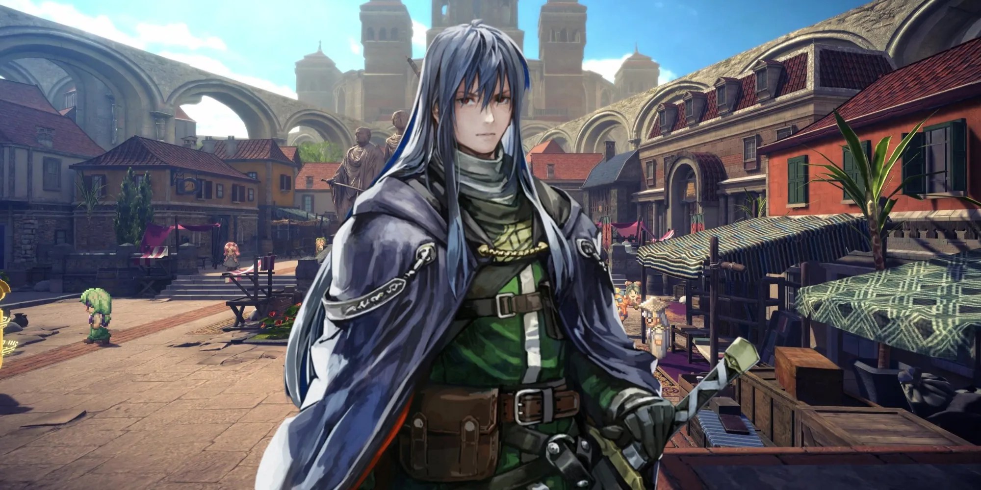 A hand drawn portrait of Dias Flac against the backdrop of the city you meet and fight him in the arena