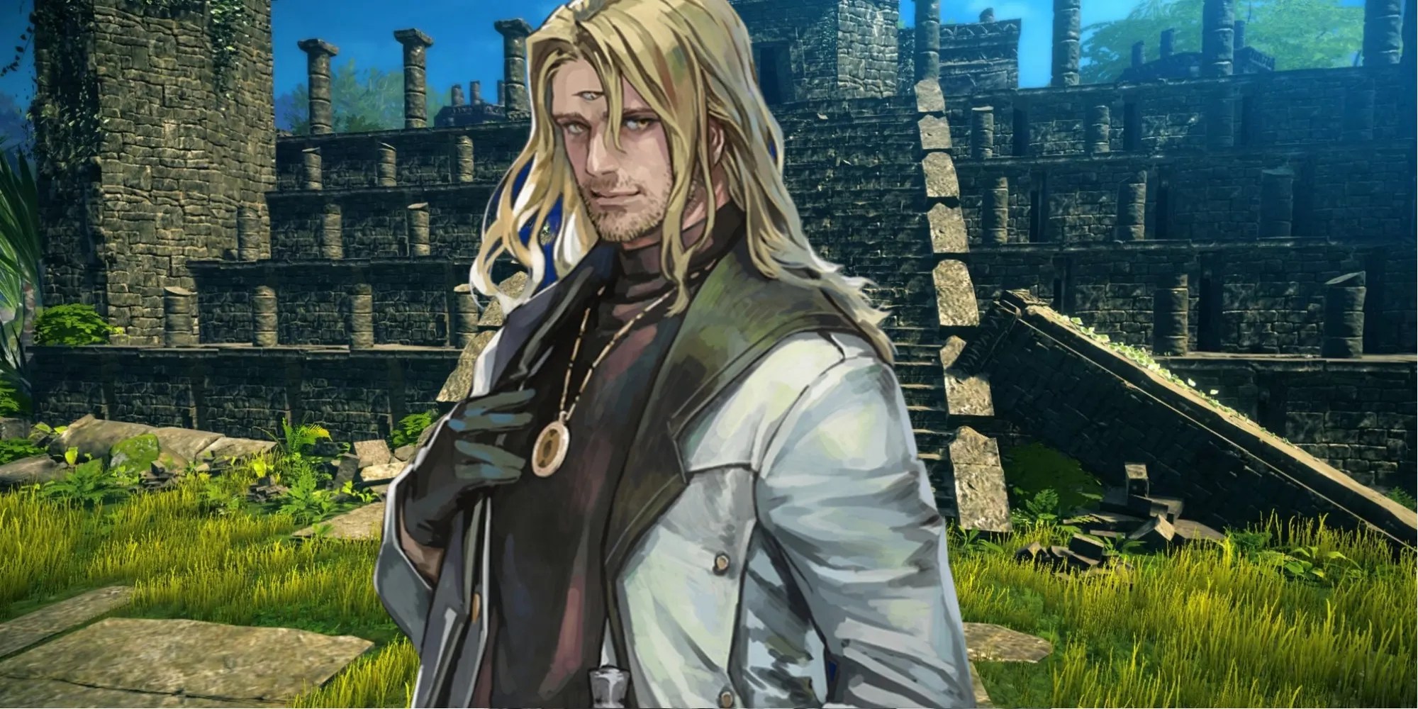 A hand drawn portrait of Ernest against the back drop of a dungeon entrance, made up of stairs and large broken columns