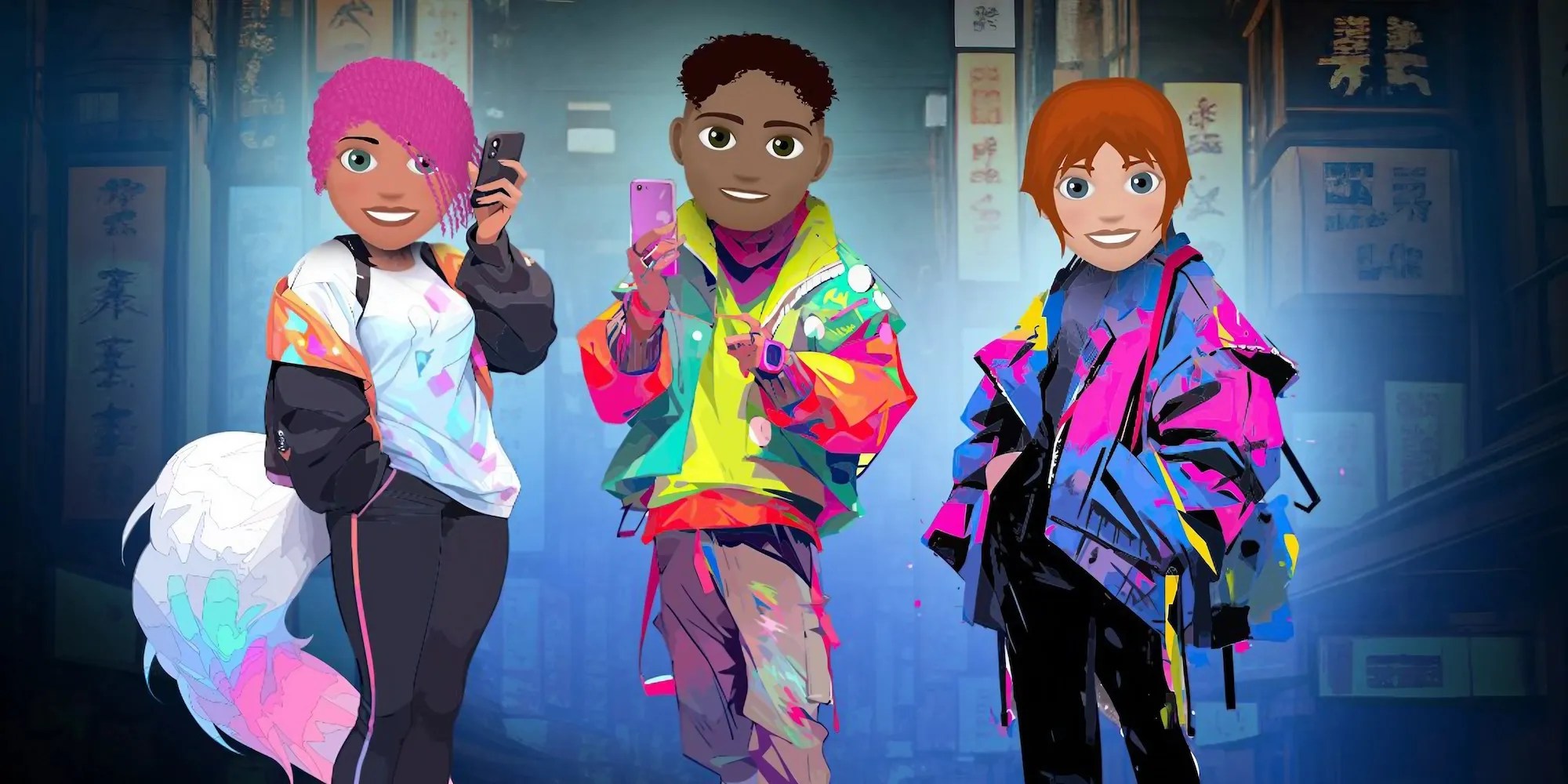 Three characters smiling and staring at you in a city background.