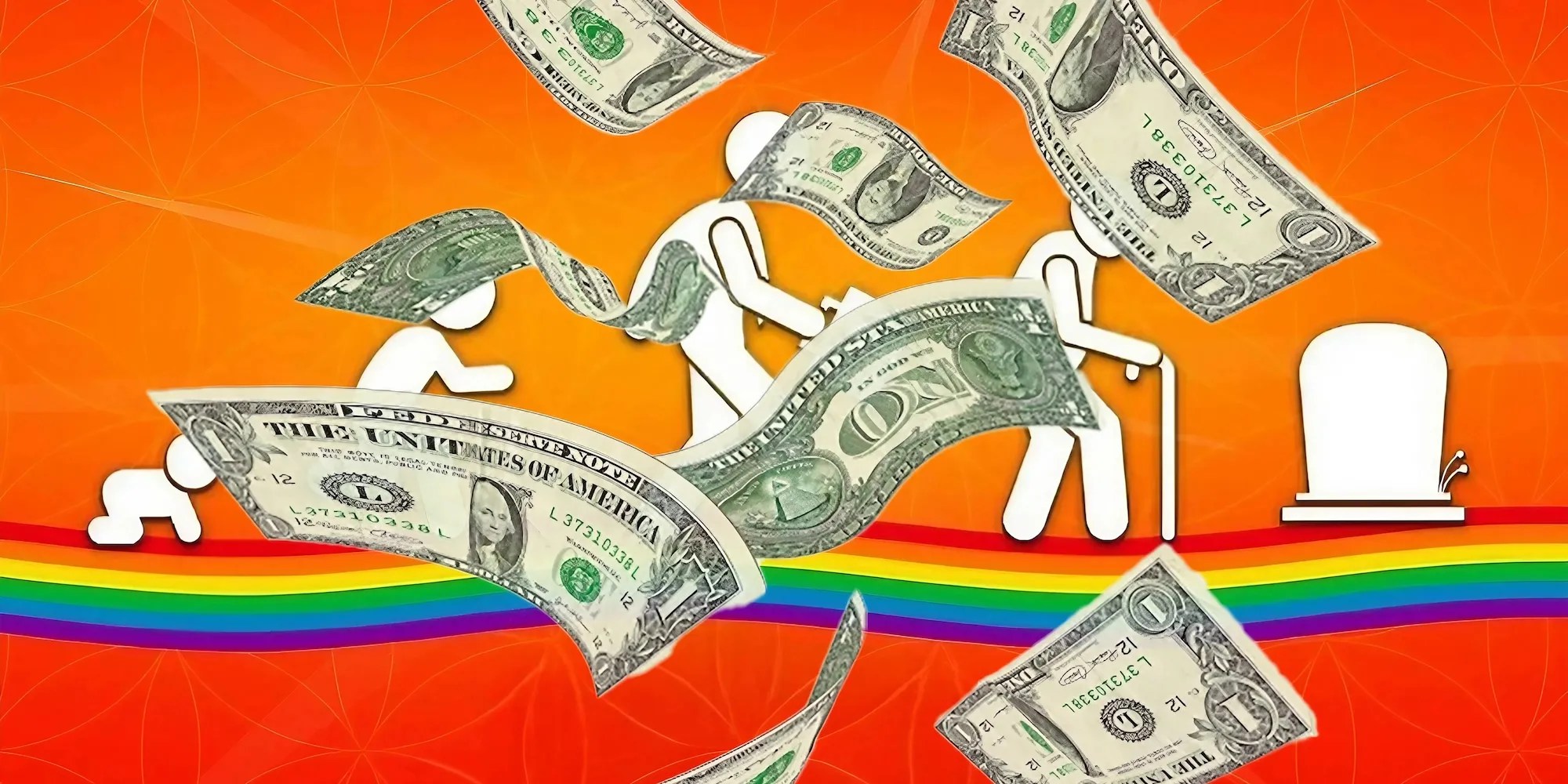 BitLife poster showing dollars raining and white figures walking.