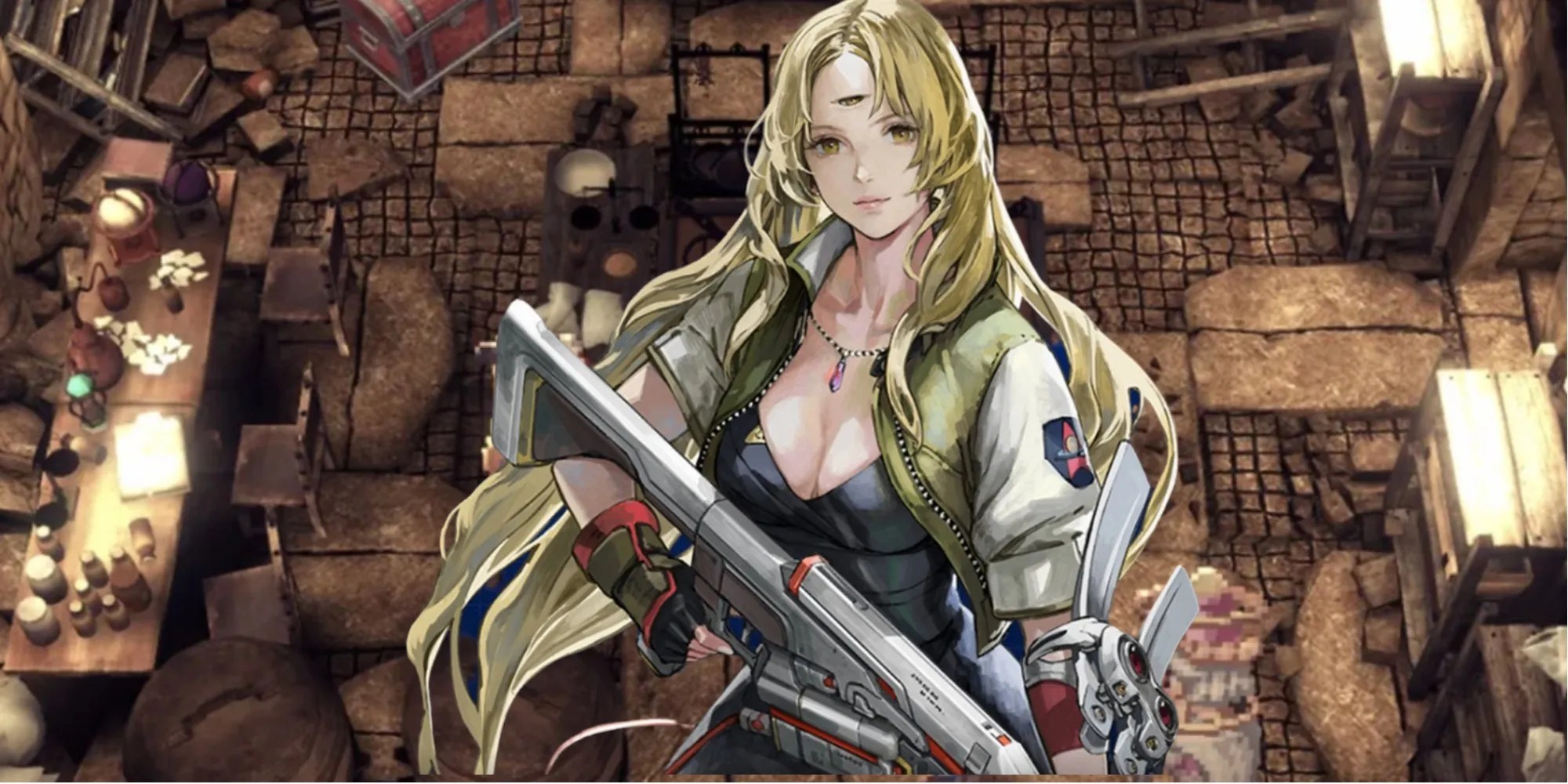 A hand drawn portrait of Opera holding her trusty gun, against the backdrop of the dungeon you travel to