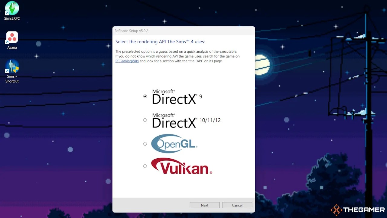 Selecting the rendering API for Reshade