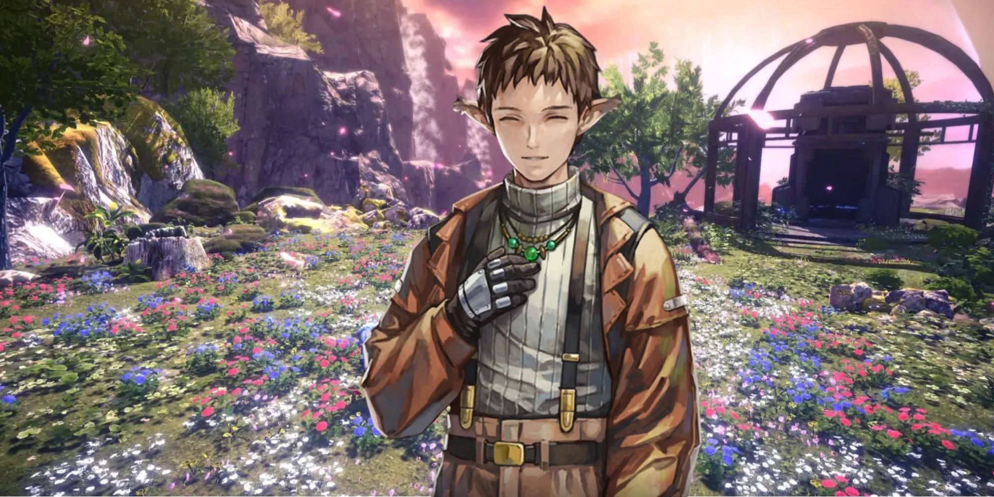 A hand drawn portrait of Noel against a backdrop of a field of flowers