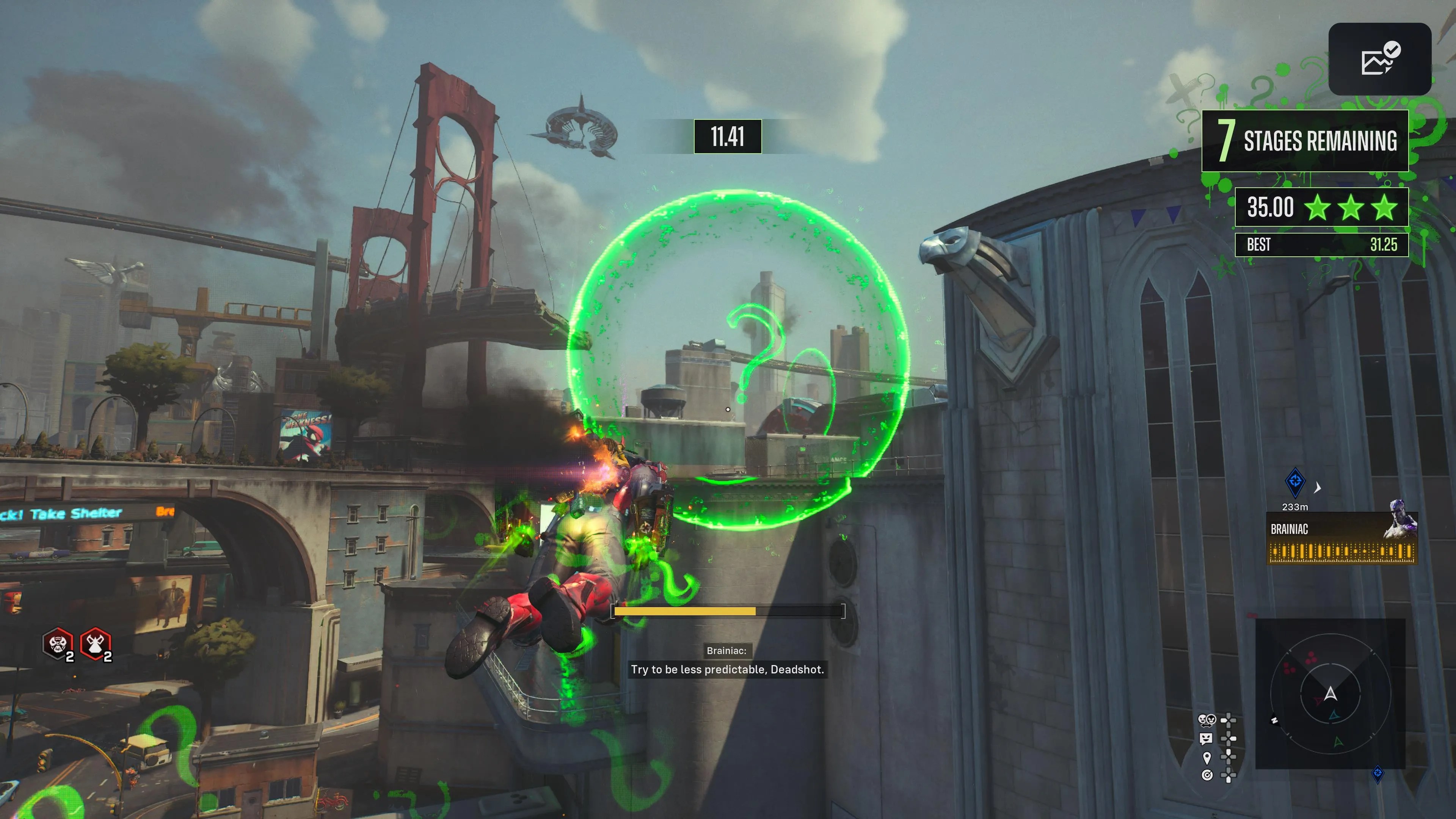 Deadshot flying toward a Riddler AR mission objective in Suicide Squad: Kill the Justice League