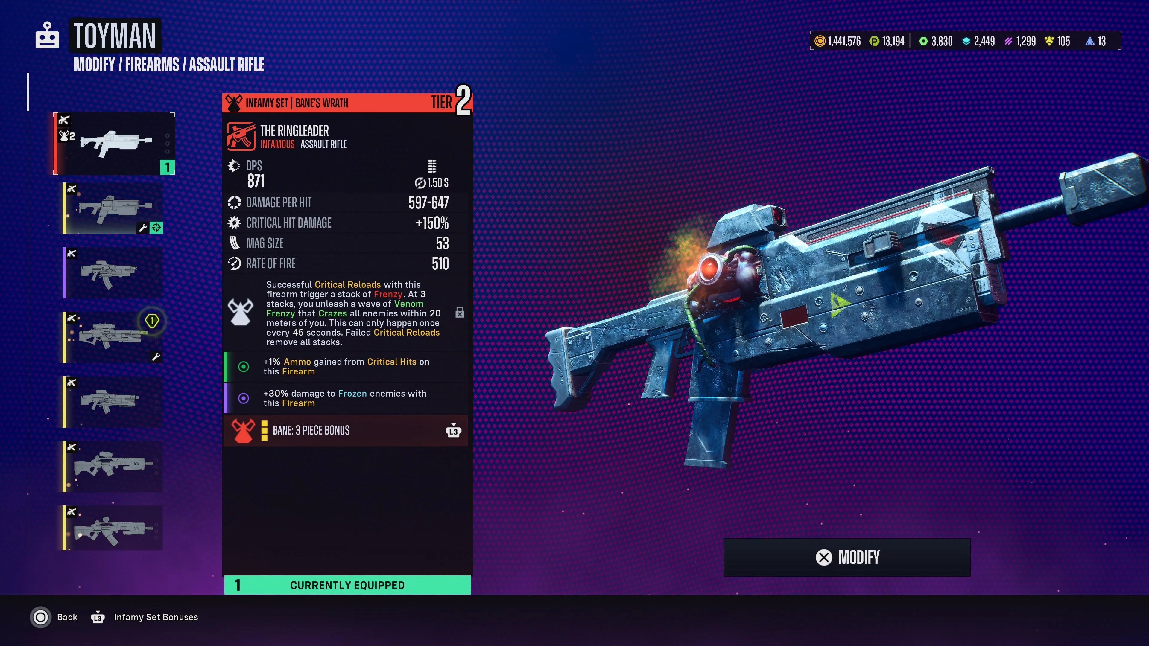 The Ringleader, a Bane-inspired assualt rifle shown in a menu in Suicide Squad: Kill the Justice League