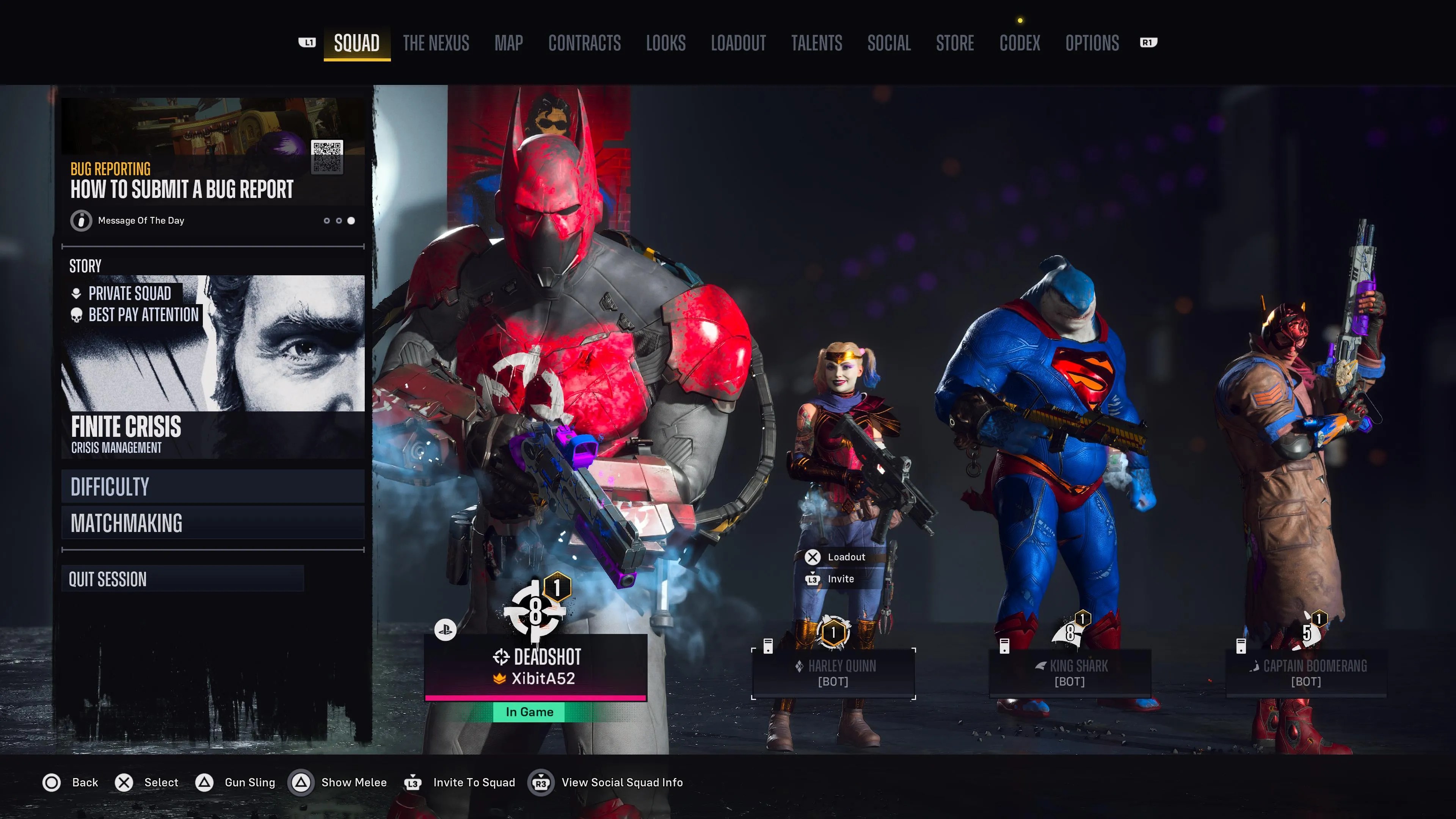 Suicide Squad: Kill the Justice League Squad Menu with Deadshot in front and Harley Quinn, King Shark, and Captain Boomerang standing in back