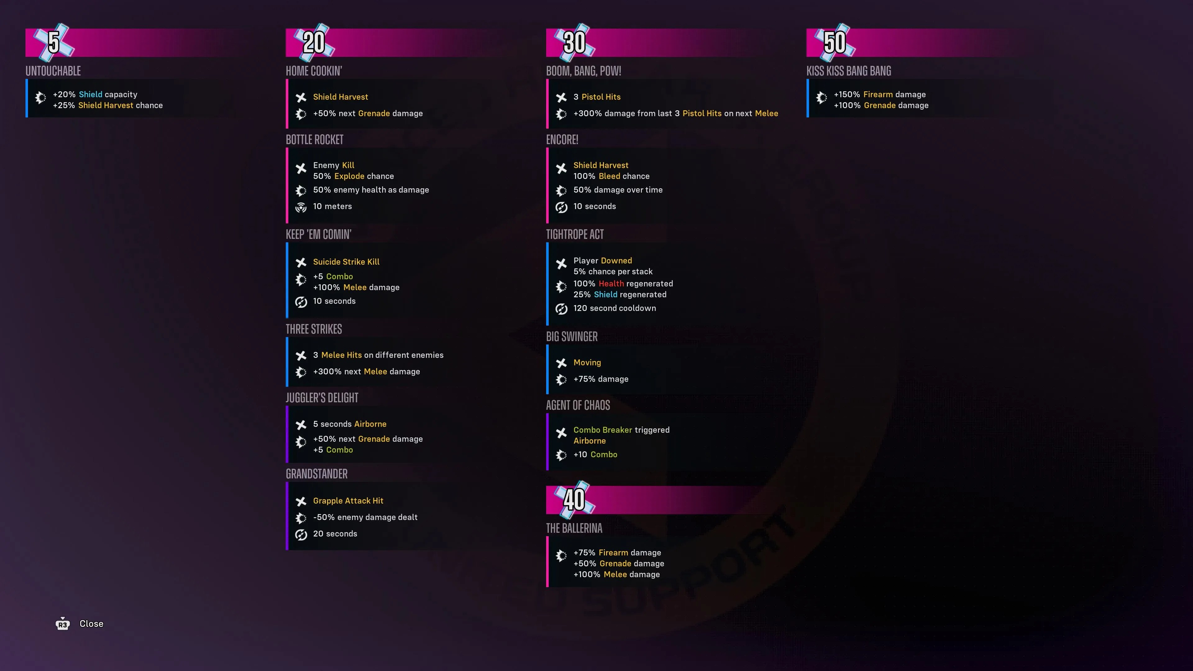 A fully leveled Harley Quinn combat combos chart in Suicide Squad: Kill the Justice League