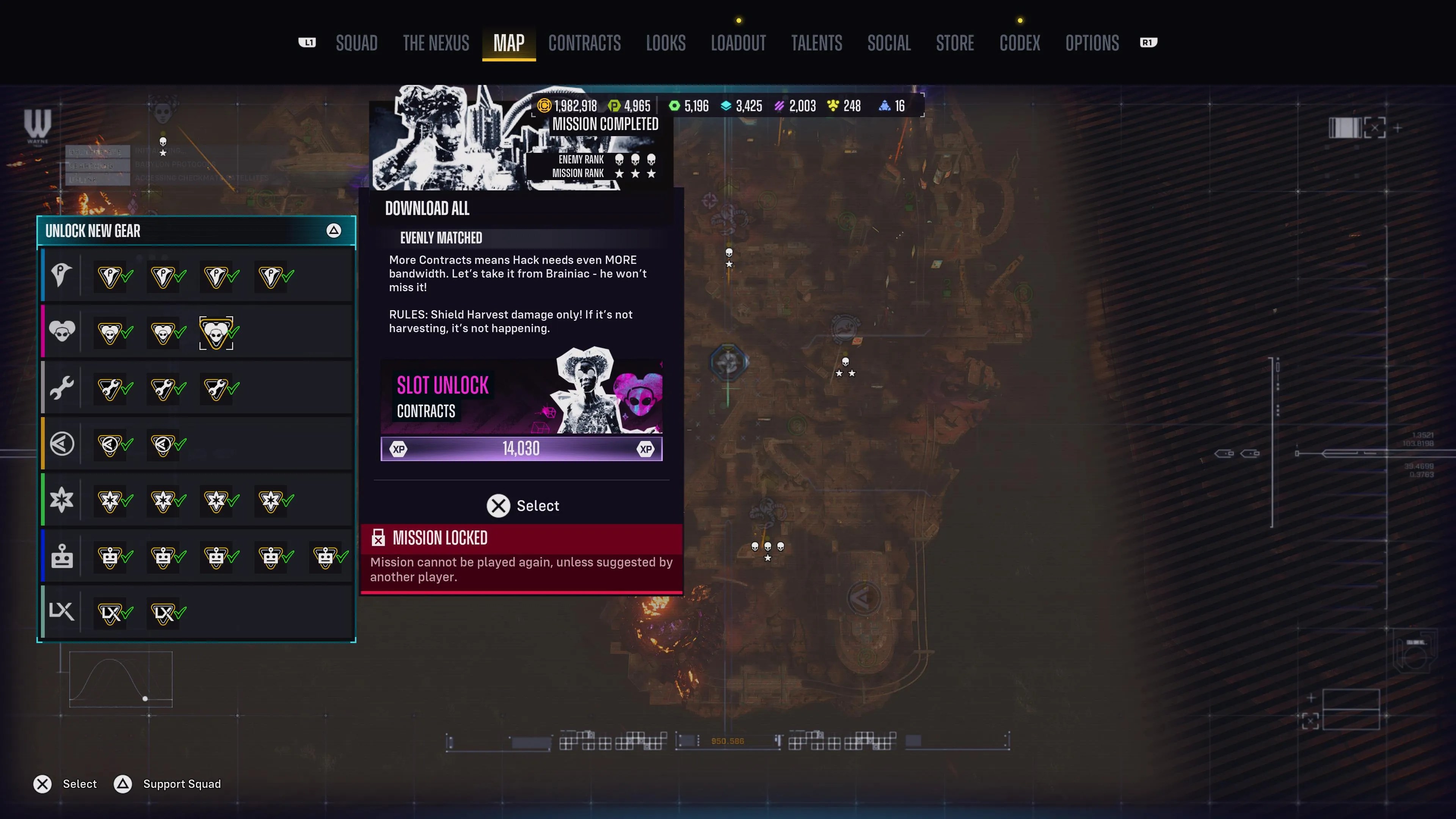 The map scree with Hack’s support squad missions highlighted in Suicide Squad: Kill the Justice League