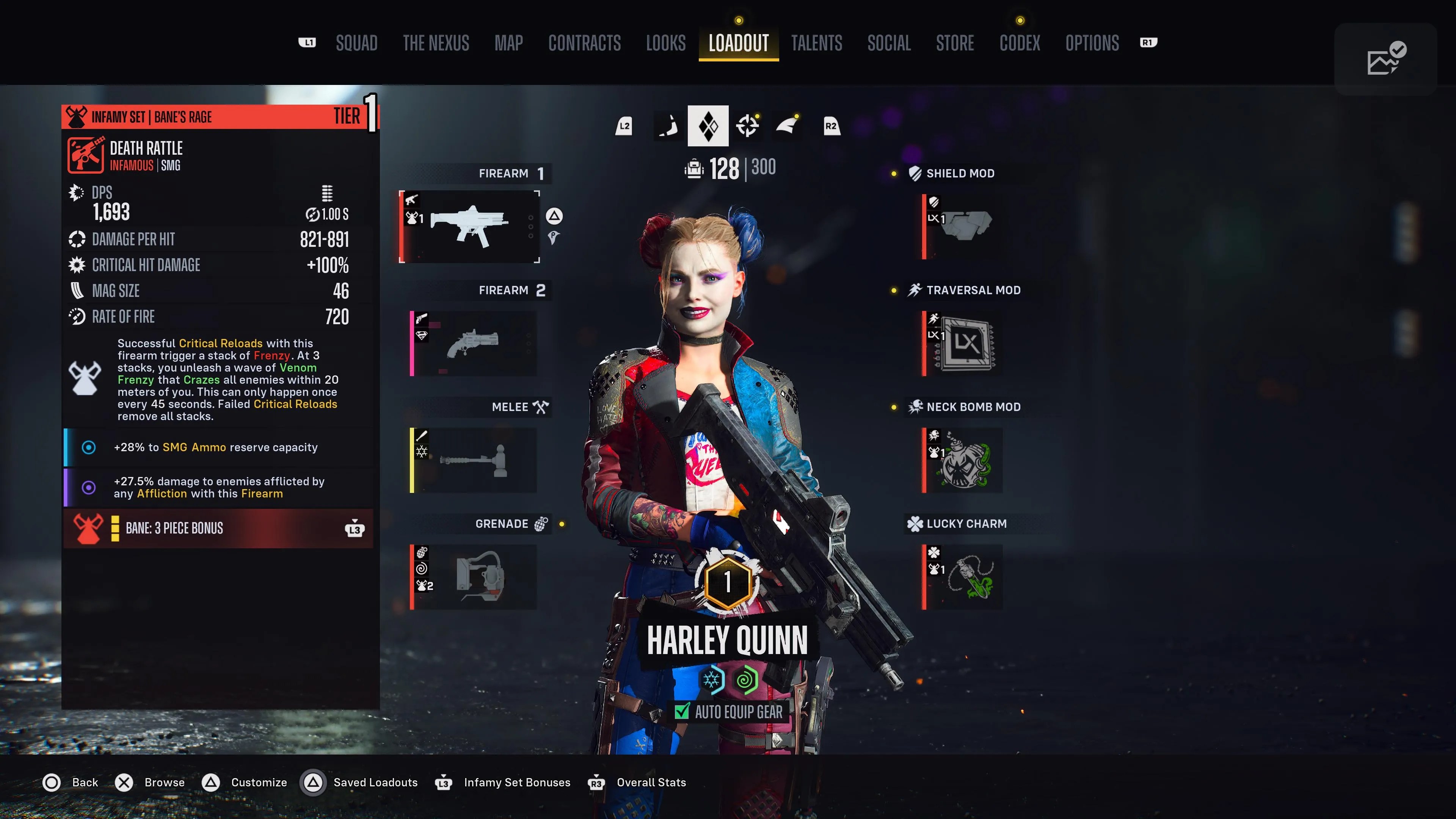 Harley Quinn’s loadout screen in Suicide Squad: Kill the Justice League