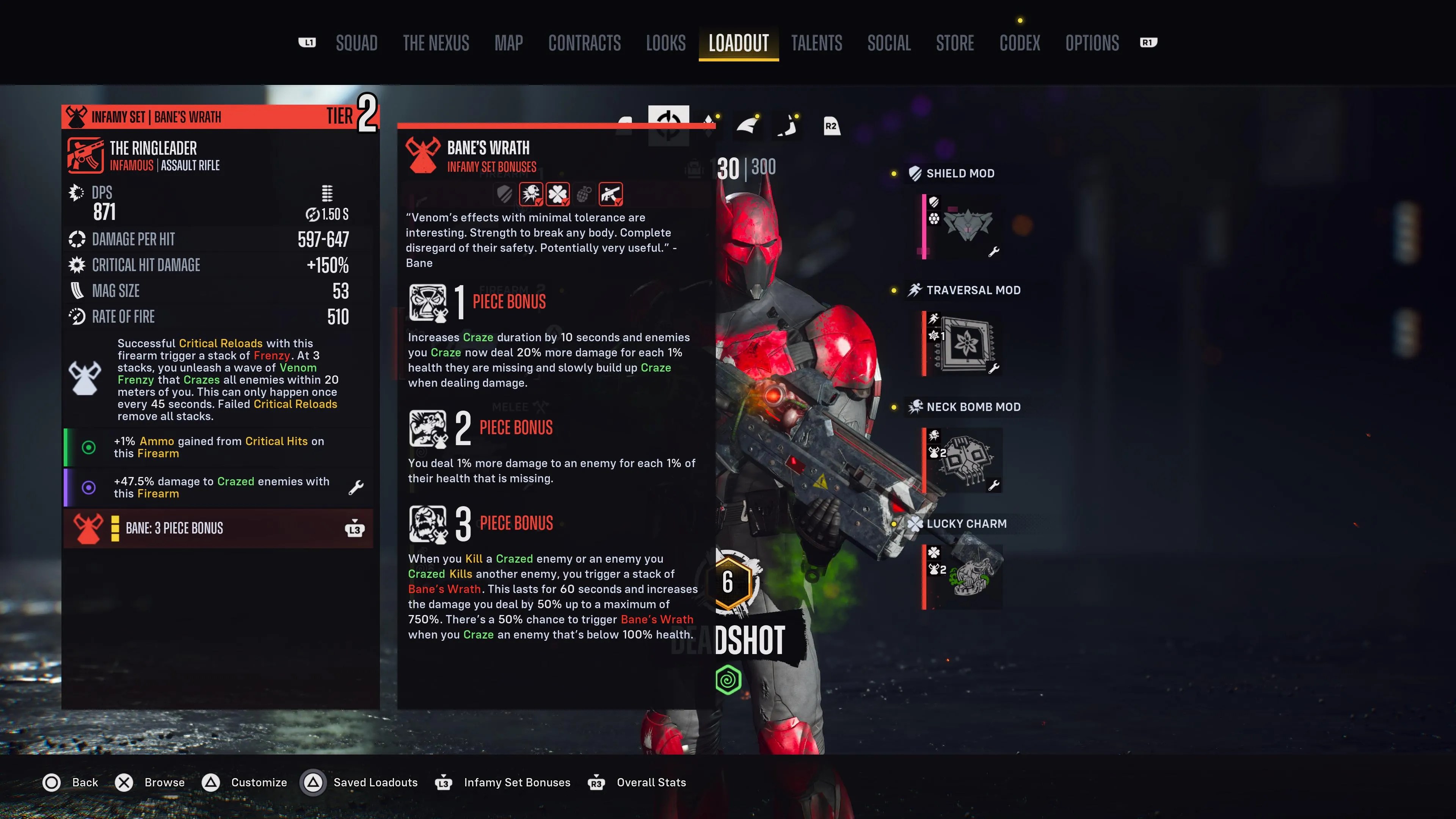 Deadshot’s loadout menu with the Bane’s Wrath infamy set equipped in Suicide Squad: Kill the Justice League