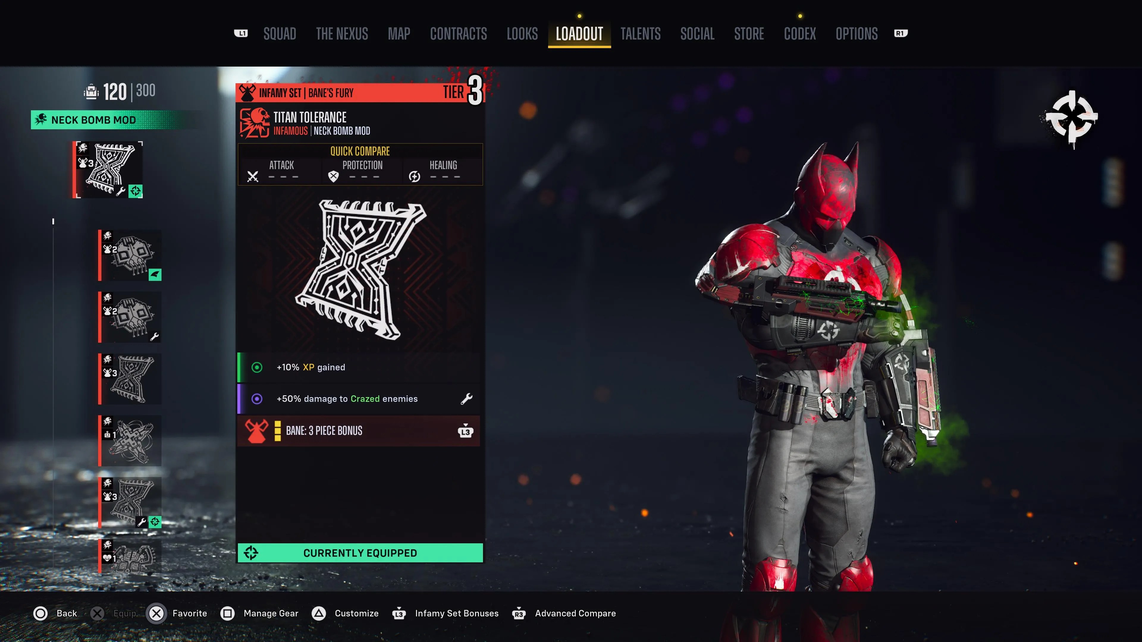Titan Tolerance neck bomb mod in the loadout menu in Suicide Squad: Kill the Justice League.