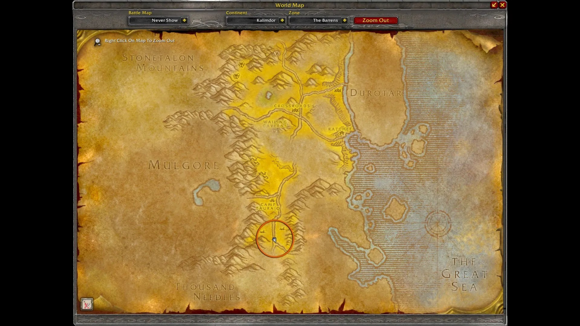 The location of the Burned-Out Remains on the map of the Barrens