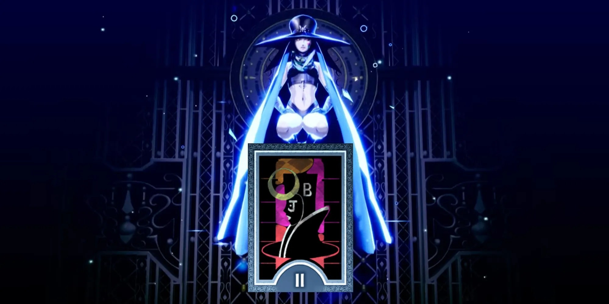 Scathach sitting on top of her priestess arcana card in persona 3 reload