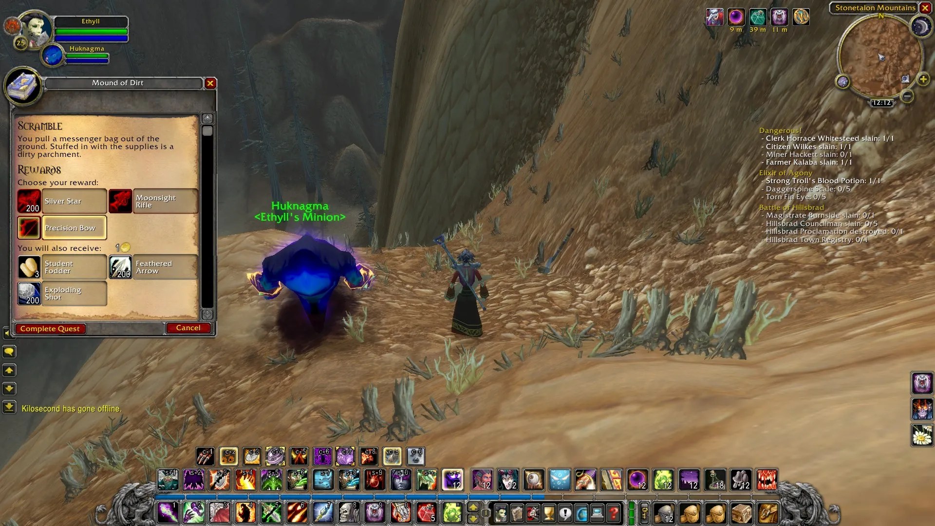 An undead warlock and her voidwalker minion completing the “Scramble” quest, with said quest’s textbox open