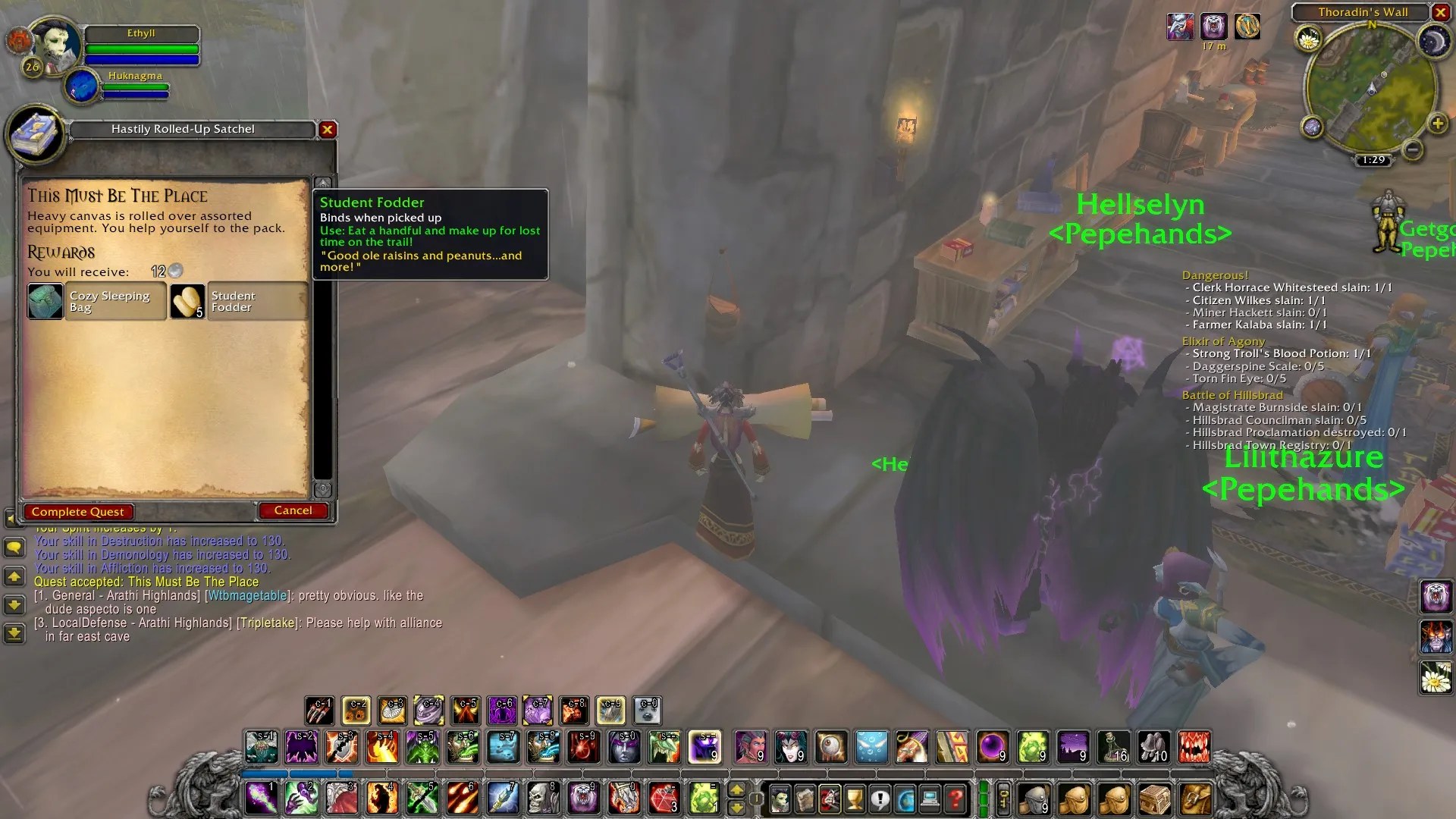 An undead warlock and her voidwalker minion completing the “This Must Be The Place” quest, with said quest’s textbox open