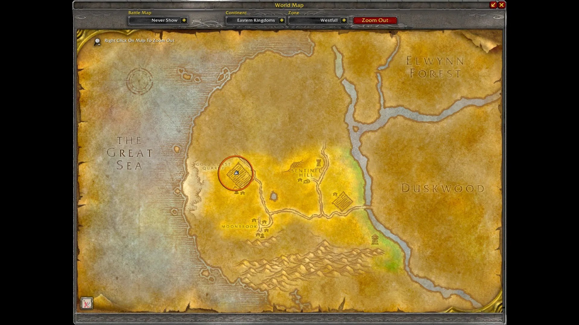 The location of the Burned-Out Remains on the Westfall map