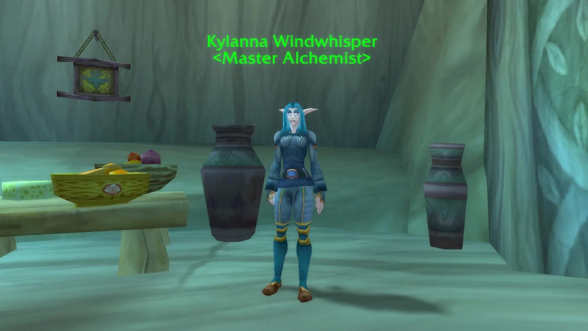 Kylanna Windwhisper, the Alliance master alchemist, standing in a building in Feathemoon Stronghold